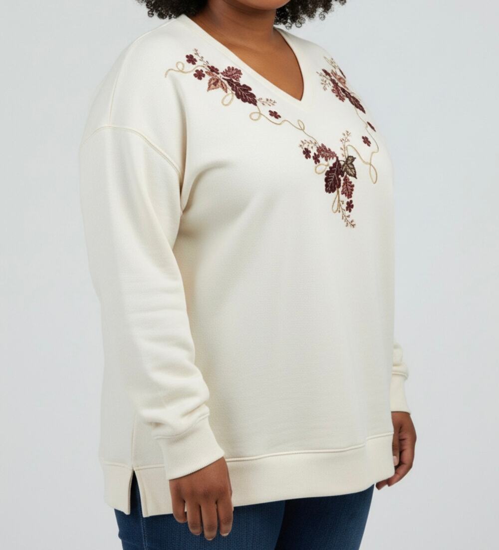 Bobbie Brooks Fall Sweatshirt Top 26W 28wFloral Leaf Embroider Bead Cream Fleece